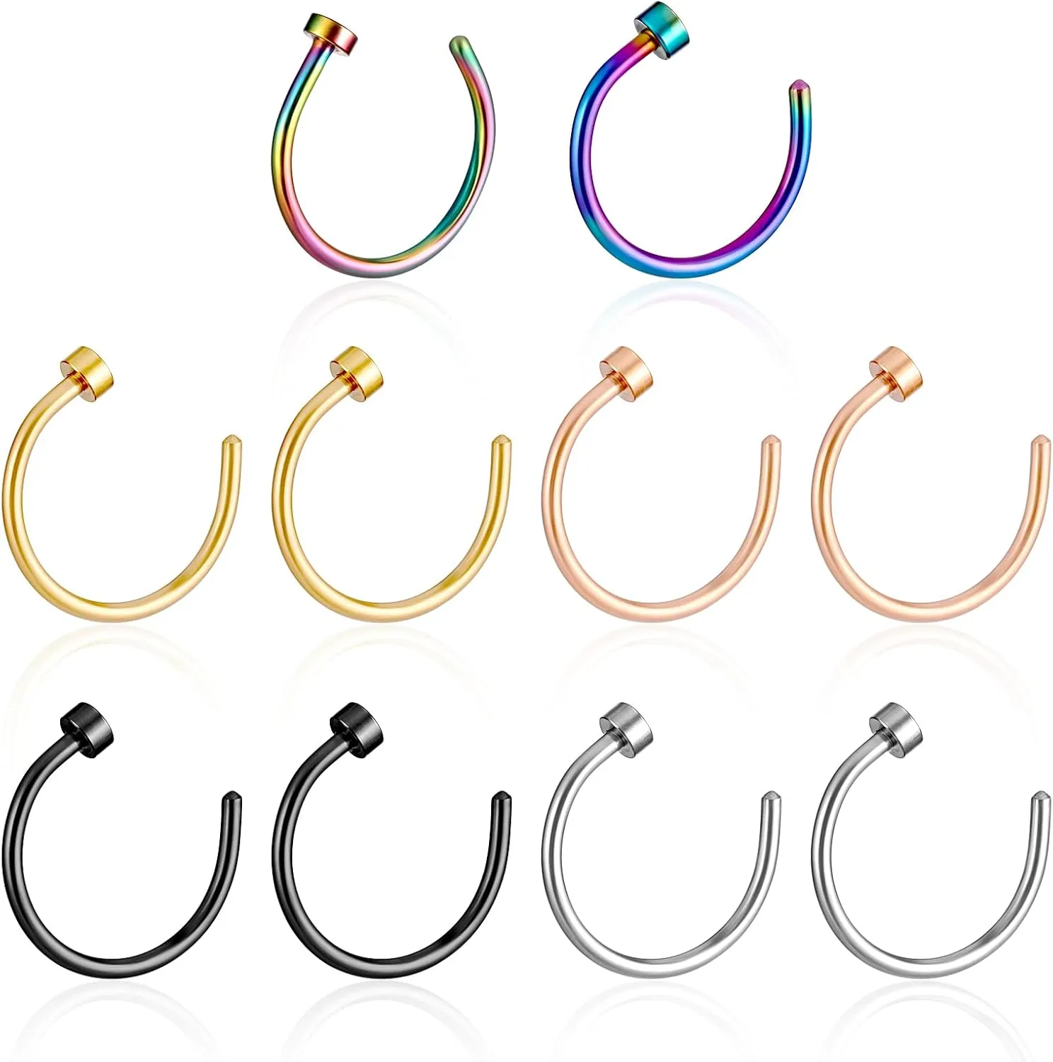 10PCS Nose Rings Hoop, 20G Stainless Steel Fake Nose Hoop Rings Nose Piercing Jewelry Faux Septum Nose Ring Fake Clip On Nose Ring for Women Men