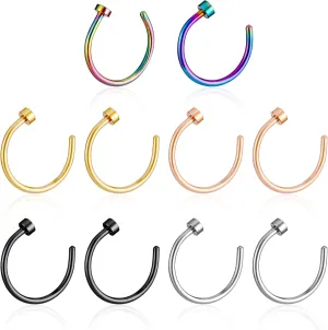 10PCS Nose Rings Hoop, 20G Stainless Steel Fake Nose Hoop Rings Nose Piercing Jewelry Faux Septum Nose Ring Fake Clip On Nose Ring for Women Men