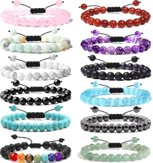 12 PCS 8mm Semi-Precious Gemstone Bracelet Set Crystal Stone Bracelets for Men Women Round Beaded Adjustable Macrame Bracelets