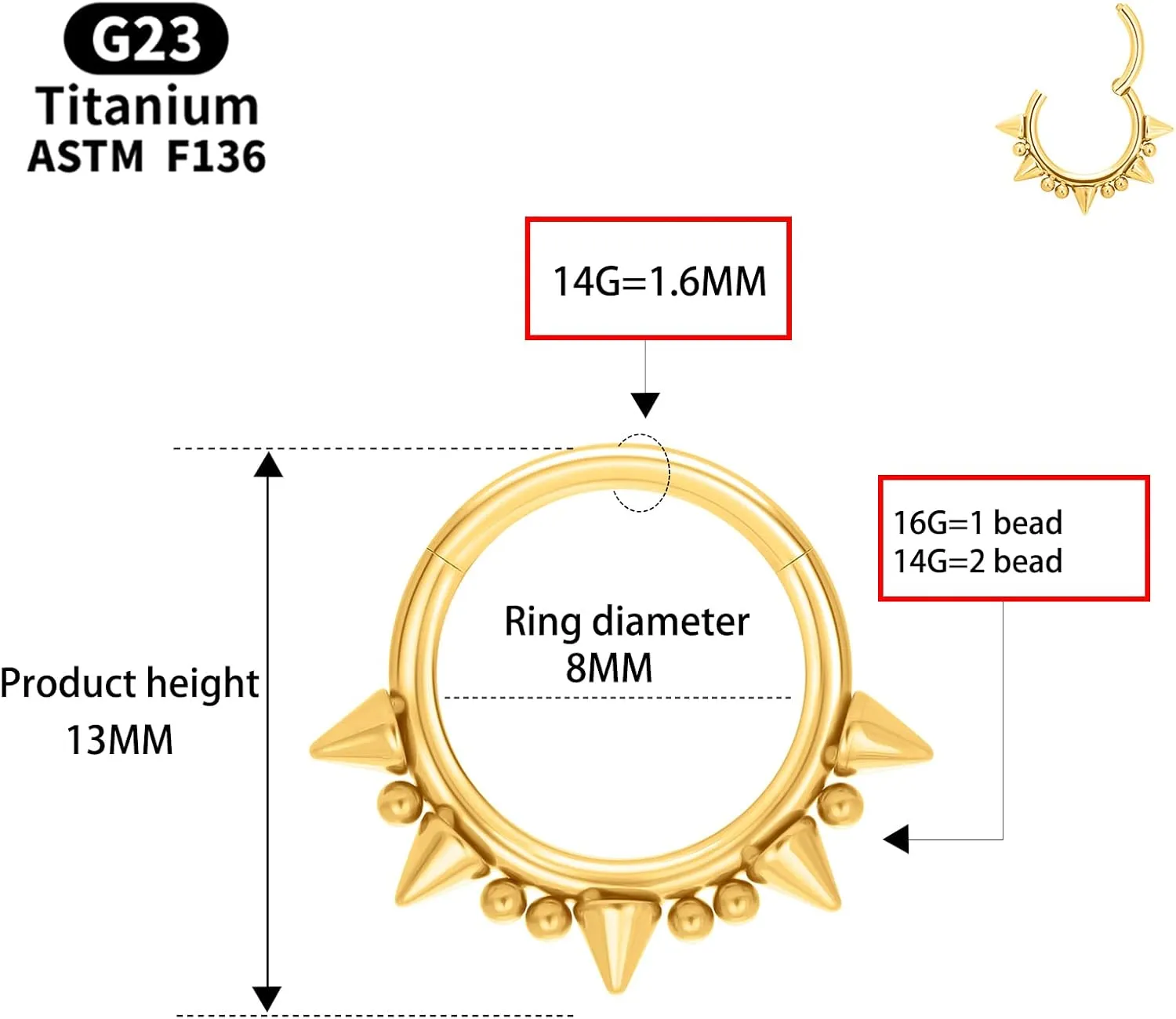 14G 16G Septum Jewelry G23 Titanium Septum Rings Spiked Cartilage Helix Earrings Hinged Segment Seamless Clicker Nose Rings Daith Piercing Jewelry