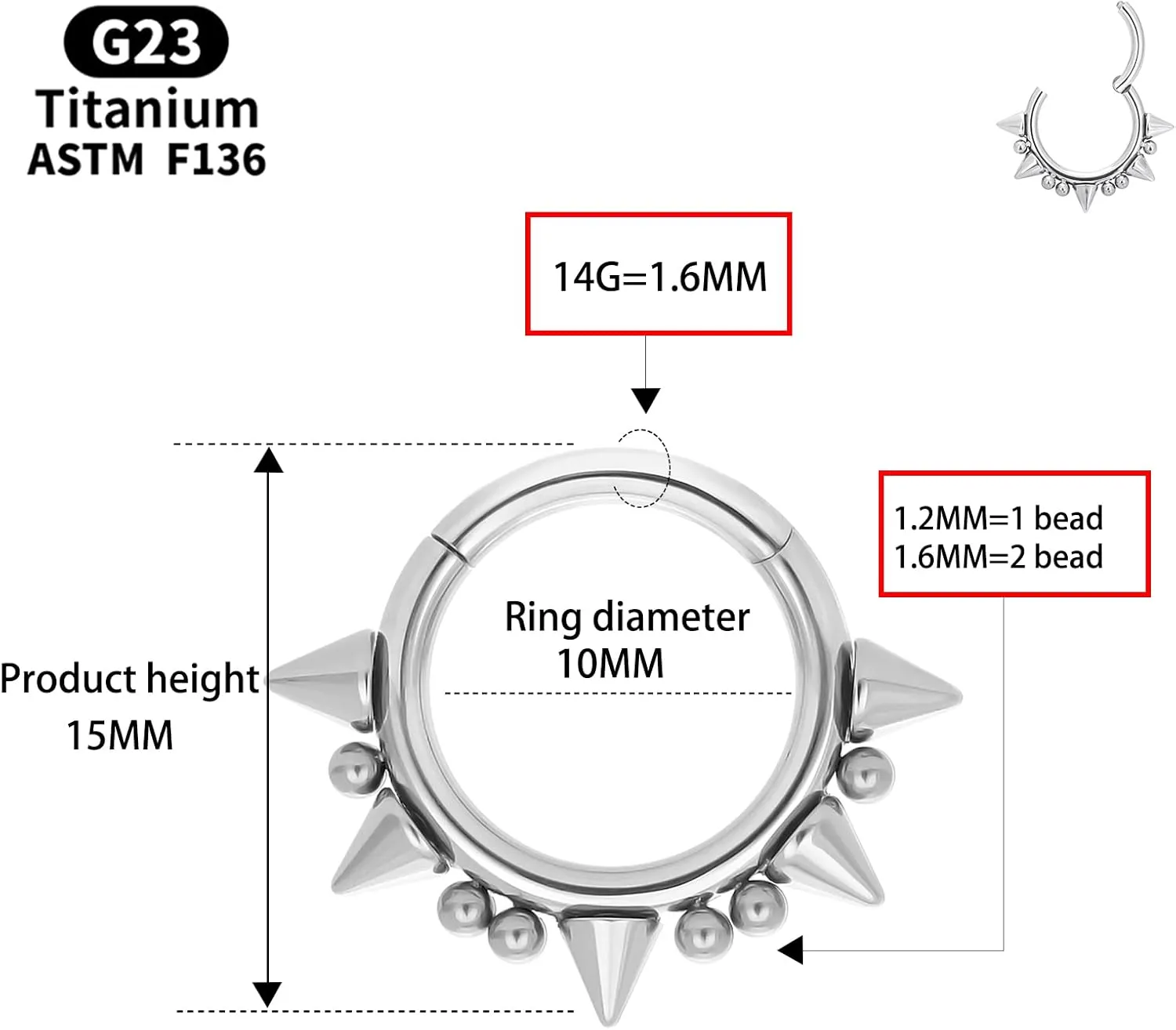 14G 16G Septum Jewelry G23 Titanium Septum Rings Spiked Cartilage Helix Earrings Hinged Segment Seamless Clicker Nose Rings Daith Piercing Jewelry