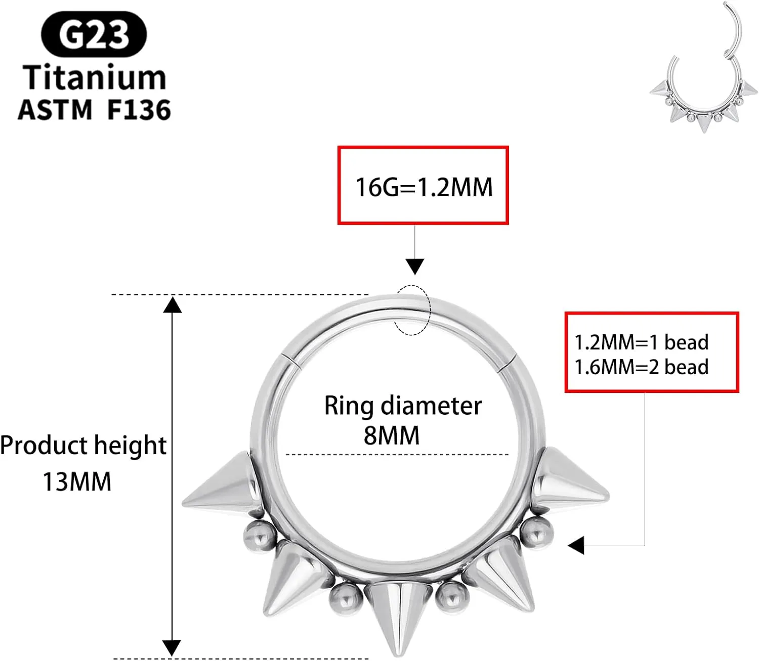 14G 16G Septum Jewelry G23 Titanium Septum Rings Spiked Cartilage Helix Earrings Hinged Segment Seamless Clicker Nose Rings Daith Piercing Jewelry