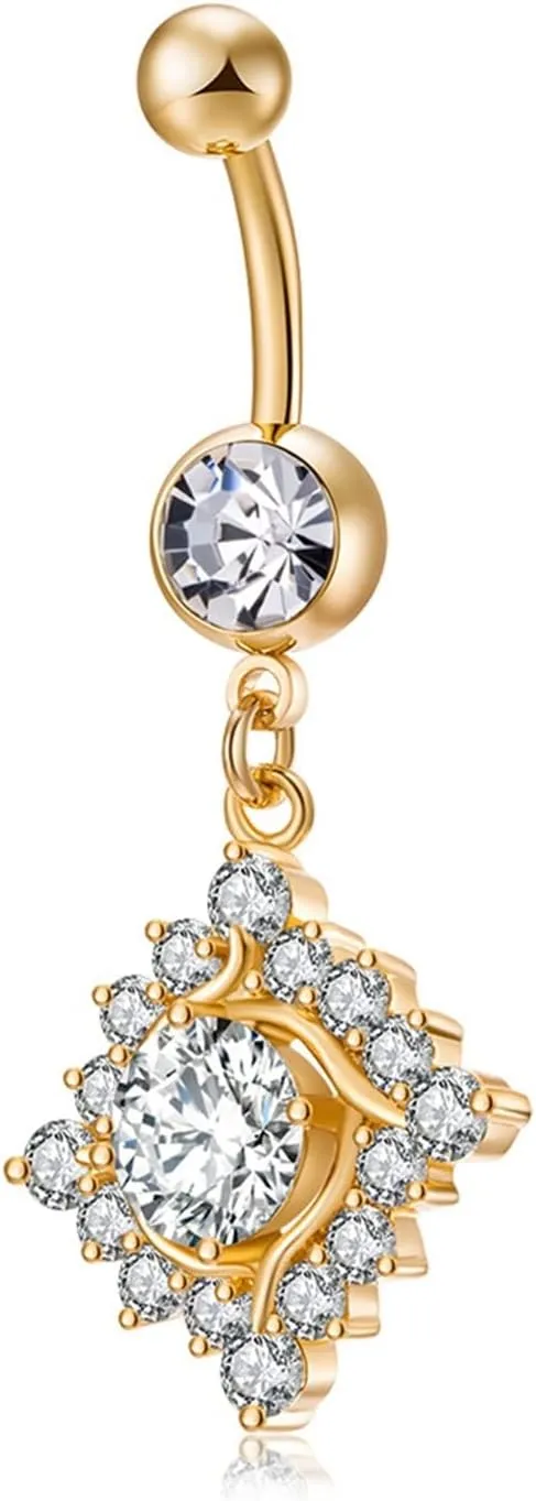 14G Belly Button Rings Simple Belly Ring Stainless Steel,Rhombus Dangle with Cubic Zirconia Gold Spiral Navel Rings for Women