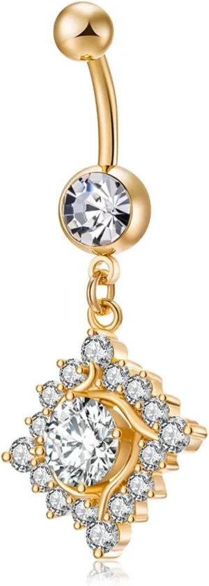 14G Belly Button Rings Simple Belly Ring Stainless Steel,Rhombus Dangle with Cubic Zirconia Gold Spiral Navel Rings for Women