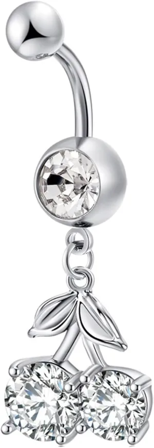 14G Belly Button Rings Simple Surgical Stainless Steel Belly Button Rings Long,Cherry Dangle with Cubic Zirconia Cute Silver Navel Rings for Women