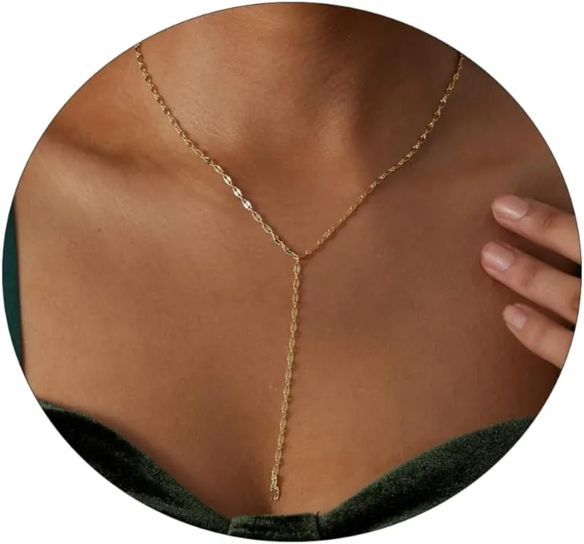 14K Gold Plated Lariat Necklace Dainty Long Gold Necklaces for Women Drop Y Necklace Cubic Zirconia Necklace Lip Chain Bar Bead Necklace Cute Jewelry