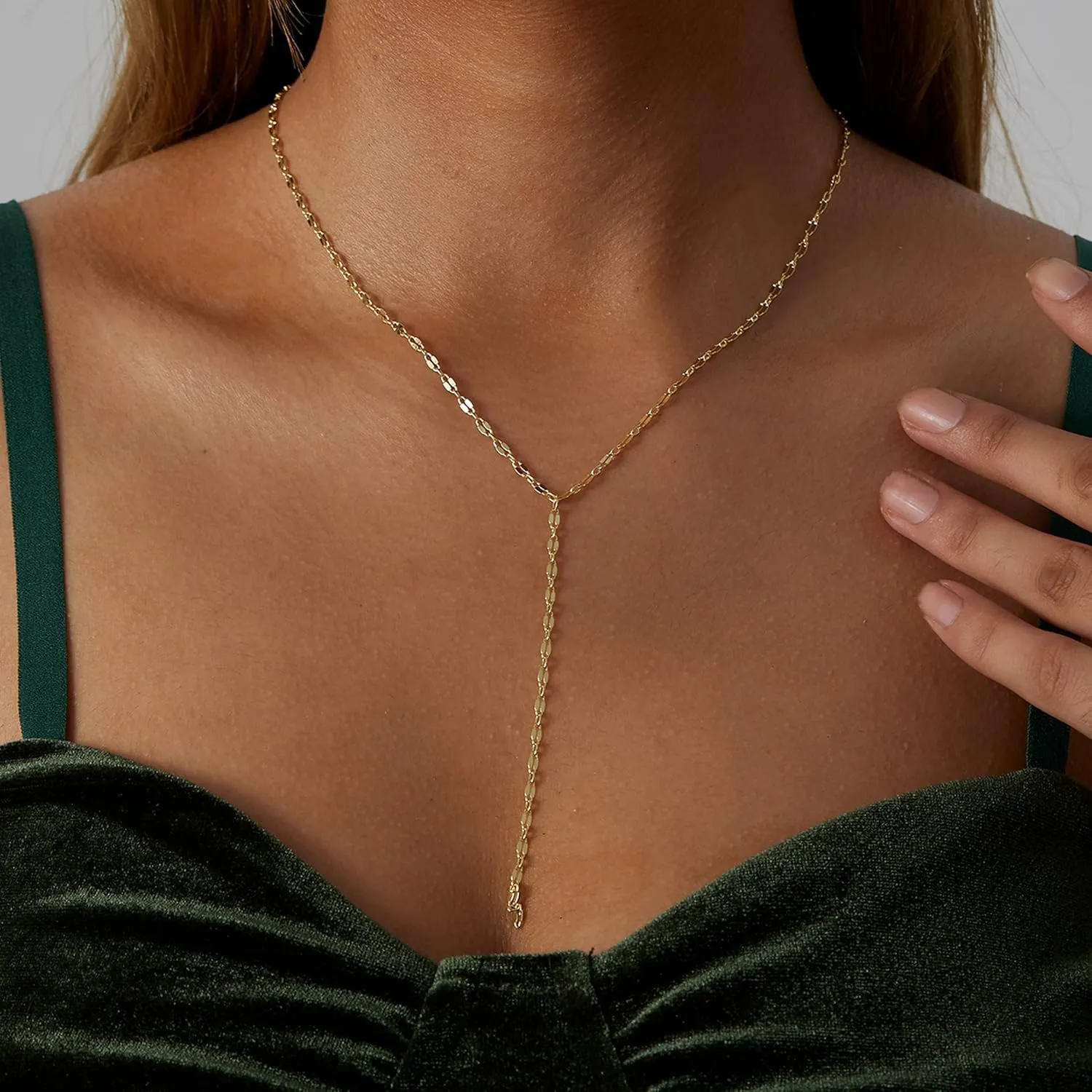 14K Gold Plated Lariat Necklace Dainty Long Gold Necklaces for Women Drop Y Necklace Cubic Zirconia Necklace Lip Chain Bar Bead Necklace Cute Jewelry