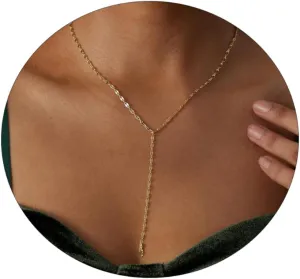 14K Gold Plated Lariat Necklace Dainty Long Gold Necklaces for Women Drop Y Necklace Cubic Zirconia Necklace Lip Chain Bar Bead Necklace Cute Jewelry