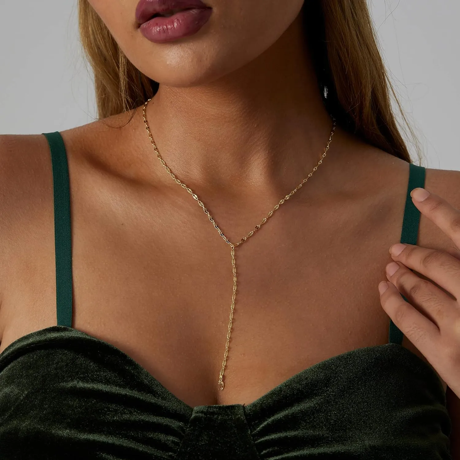 14K Gold Plated Lariat Necklace Dainty Long Gold Necklaces for Women Drop Y Necklace Cubic Zirconia Necklace Lip Chain Bar Bead Necklace Cute Jewelry
