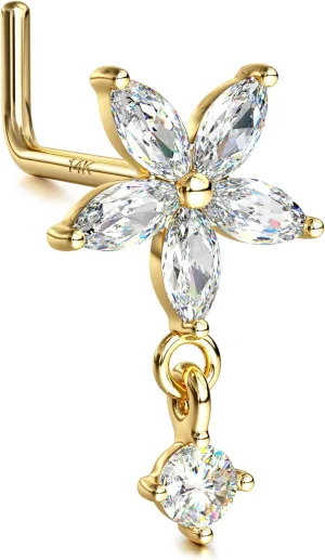 14K Real Gold Nose Stud - 18G Nose Stud L Shaped Nose Rings Dangle Nose Rings for Women CZ Opal Flower Sun Nose Piercings Gold Nose Jewelry for Women Men
