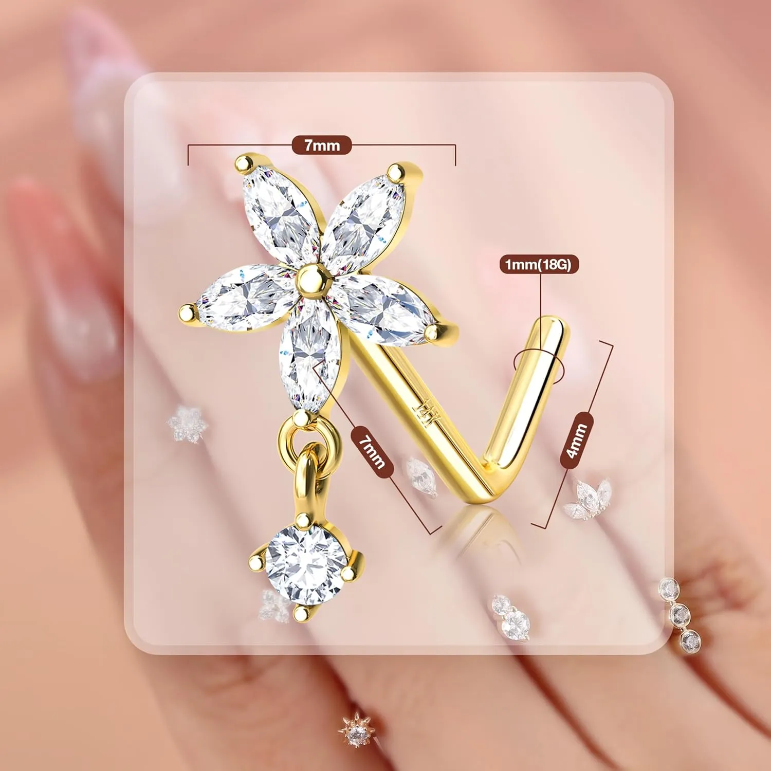 14K Real Gold Nose Stud - 18G Nose Stud L Shaped Nose Rings Dangle Nose Rings for Women CZ Opal Flower Sun Nose Piercings Gold Nose Jewelry for Women Men