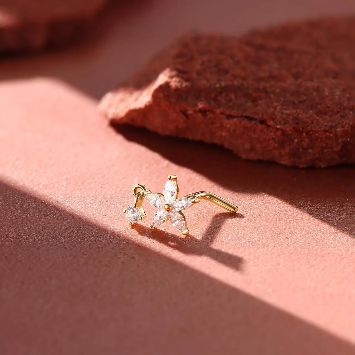 14K Real Gold Nose Stud - 18G Nose Stud L Shaped Nose Rings Dangle Nose Rings for Women CZ Opal Flower Sun Nose Piercings Gold Nose Jewelry for Women Men