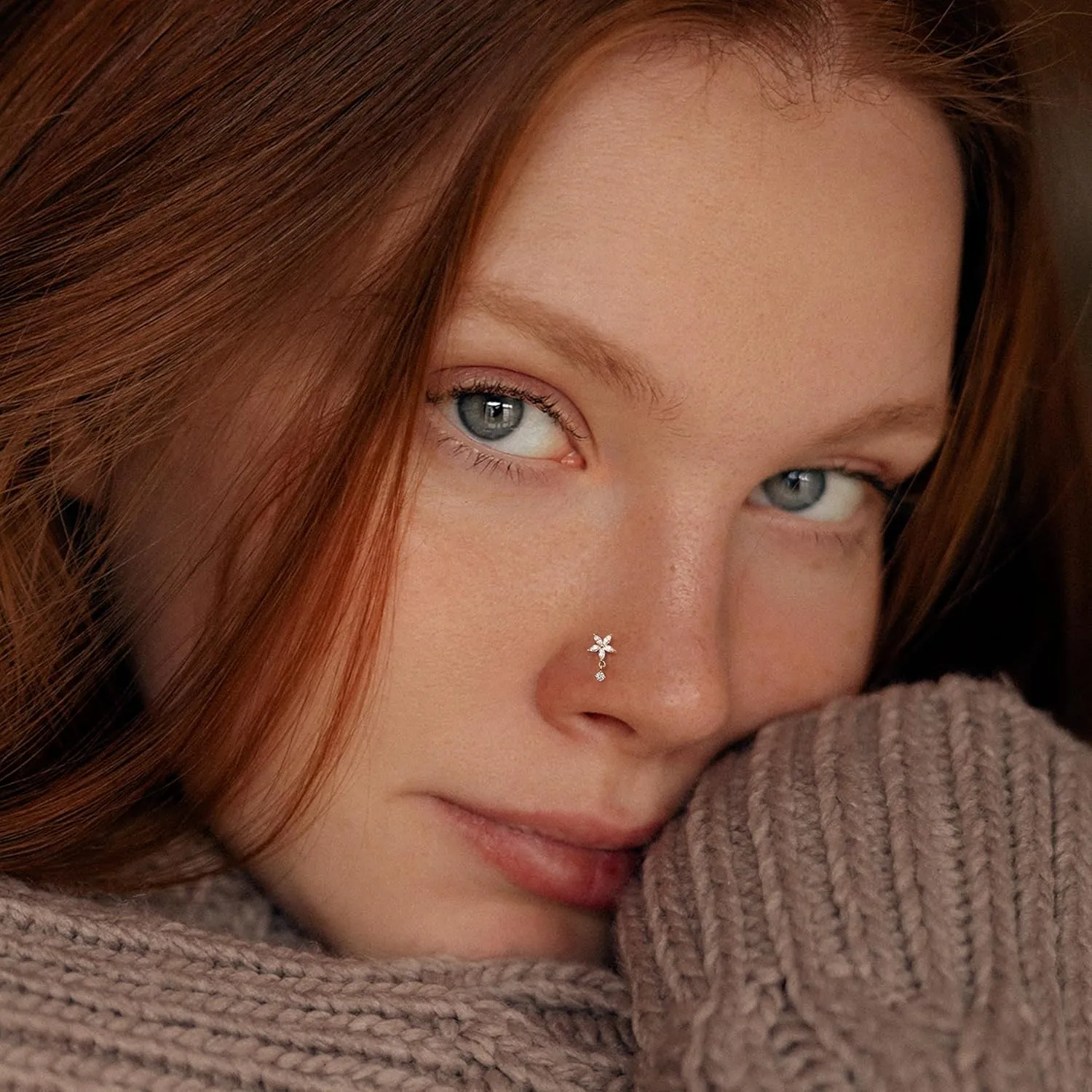 14K Real Gold Nose Stud - 18G Nose Stud L Shaped Nose Rings Dangle Nose Rings for Women CZ Opal Flower Sun Nose Piercings Gold Nose Jewelry for Women Men