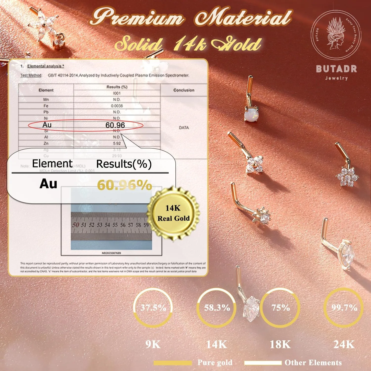 14K Real Gold Nose Stud - 18G Nose Stud L Shaped Nose Rings Dangle Nose Rings for Women CZ Opal Flower Sun Nose Piercings Gold Nose Jewelry for Women Men