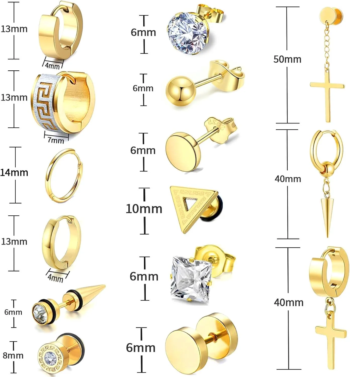 15 Pairs Earrings for Men, Stainless Steel Earrings Stud Kit for Men Women Fashion Piercing Jewelry Cross Dangle Hoop Earrings Set
