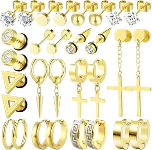 15 Pairs Earrings for Men, Stainless Steel Earrings Stud Kit for Men Women Fashion Piercing Jewelry Cross Dangle Hoop Earrings Set