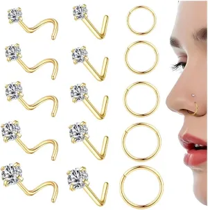 15 PCS Nose Rings Stud for Women 316L Surgical Steel Gold Silver Nose Studs 16G Hoop Nose Ring for Women Men 20G Nose Rings Stud Hypoallergenic Body Piercing Jewelry