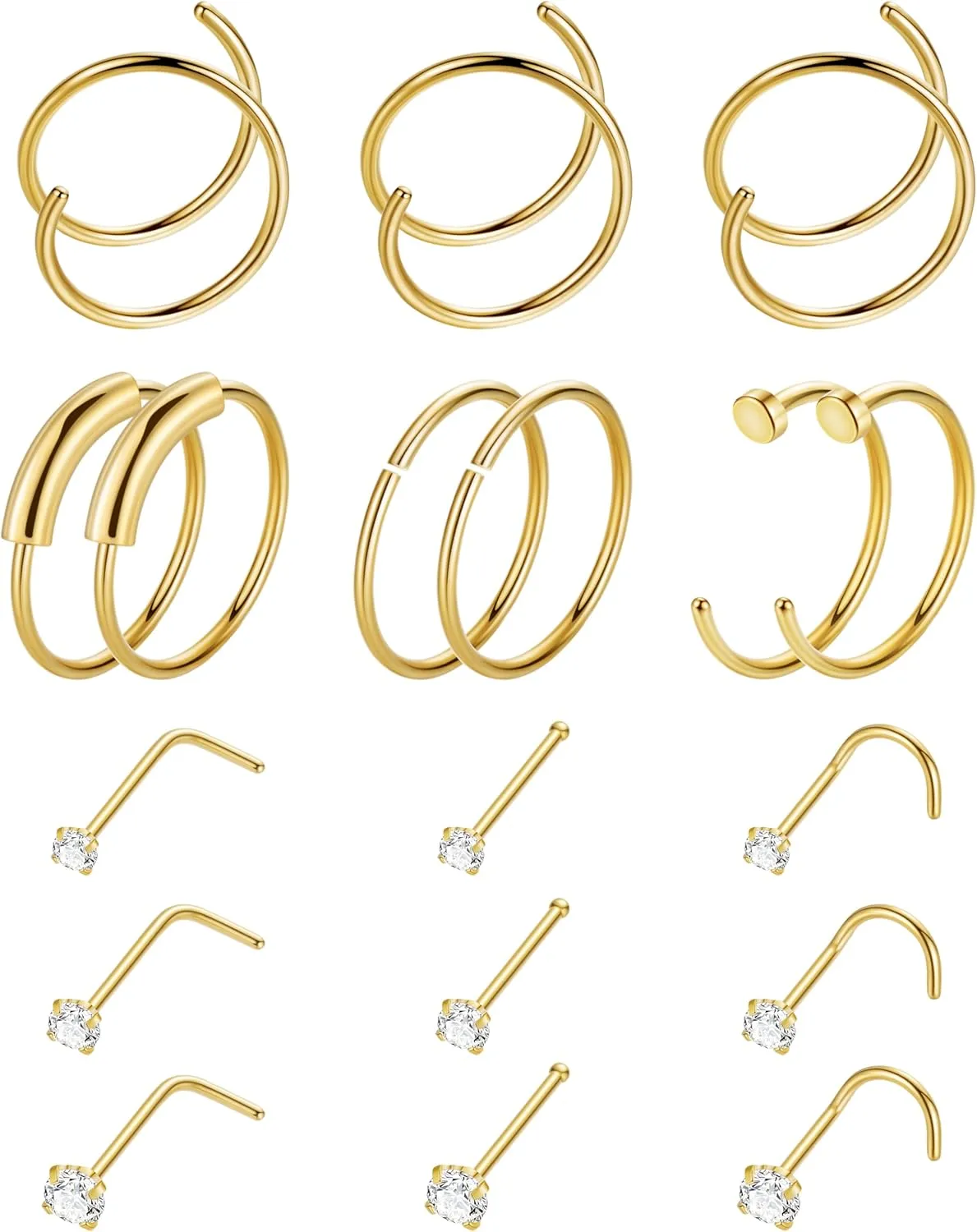 18 Pcs 18G 20G 22G Surgical Steel Nose Rings Hoop for Women Men Nose Studs Double Nose Ring Set Nostril Piercing Jewelry