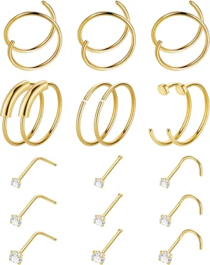 18 Pcs 18G 20G 22G Surgical Steel Nose Rings Hoop for Women Men Nose Studs Double Nose Ring Set Nostril Piercing Jewelry