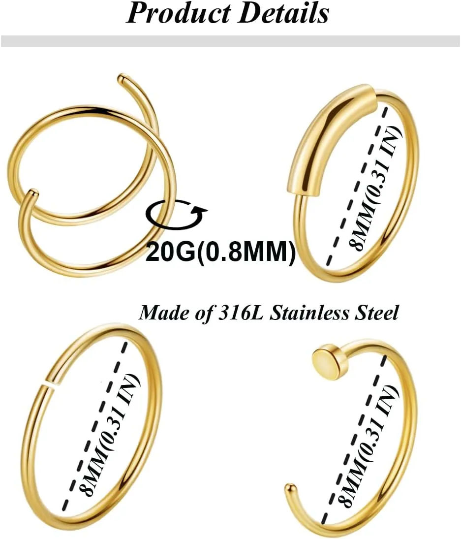 18 Pcs 18G 20G 22G Surgical Steel Nose Rings Hoop for Women Men Nose Studs Double Nose Ring Set Nostril Piercing Jewelry