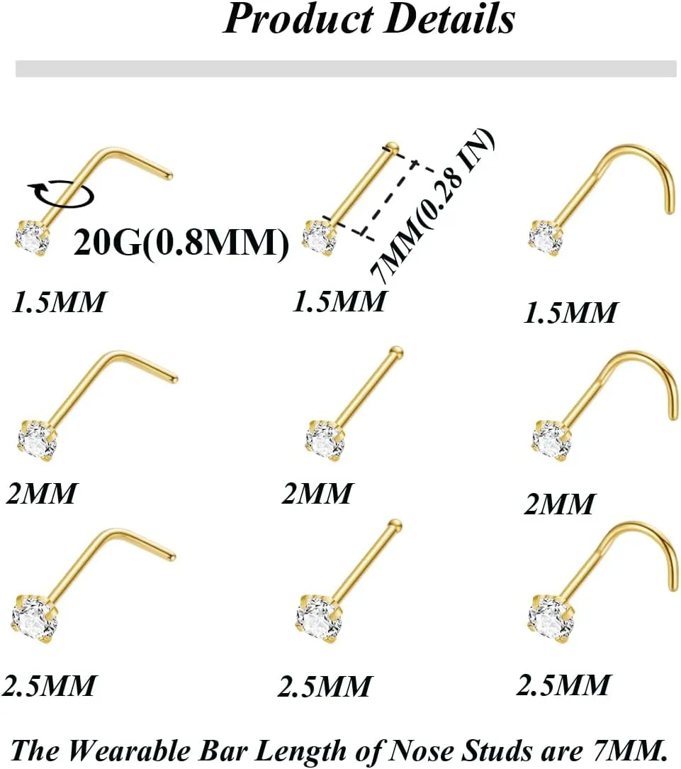 18 Pcs 18G 20G 22G Surgical Steel Nose Rings Hoop for Women Men Nose Studs Double Nose Ring Set Nostril Piercing Jewelry