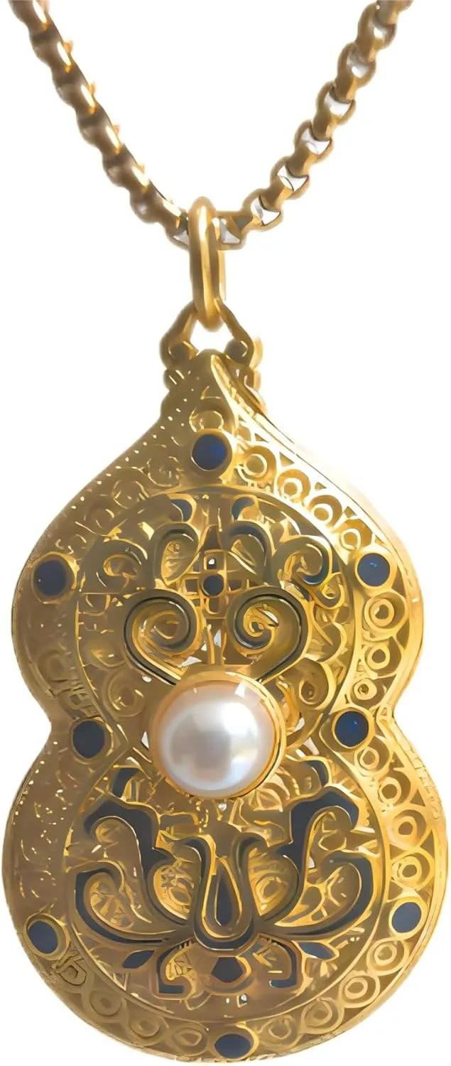 18K Gold-Plated Calabash Pendant Necklace Imitation Gold Bottle Gourd Necklace Lucky Safe Talisman Pearl Charm Unique Necklace