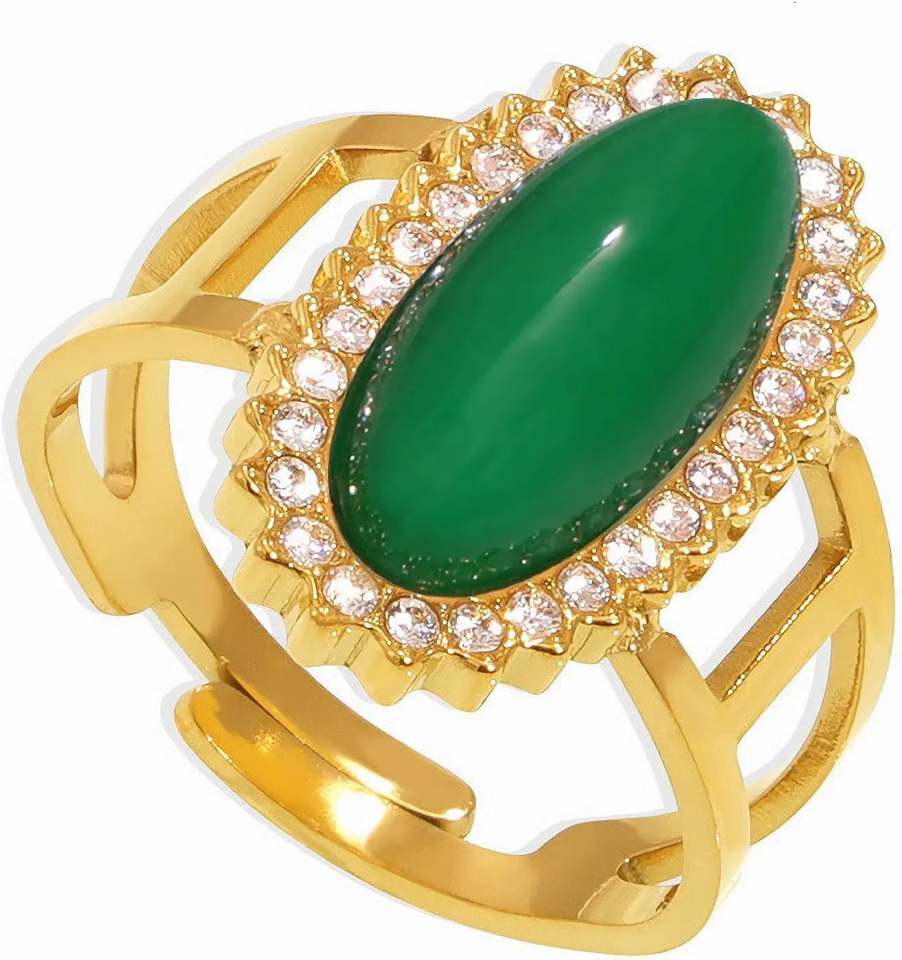 18K Gold Plated Pink Crystal 3A Zircon Statement Ring, Natural Gemstone Stainless Steel Adjustable Band Ring,Bold Vintage Style Cocktail Jewelry for Women
