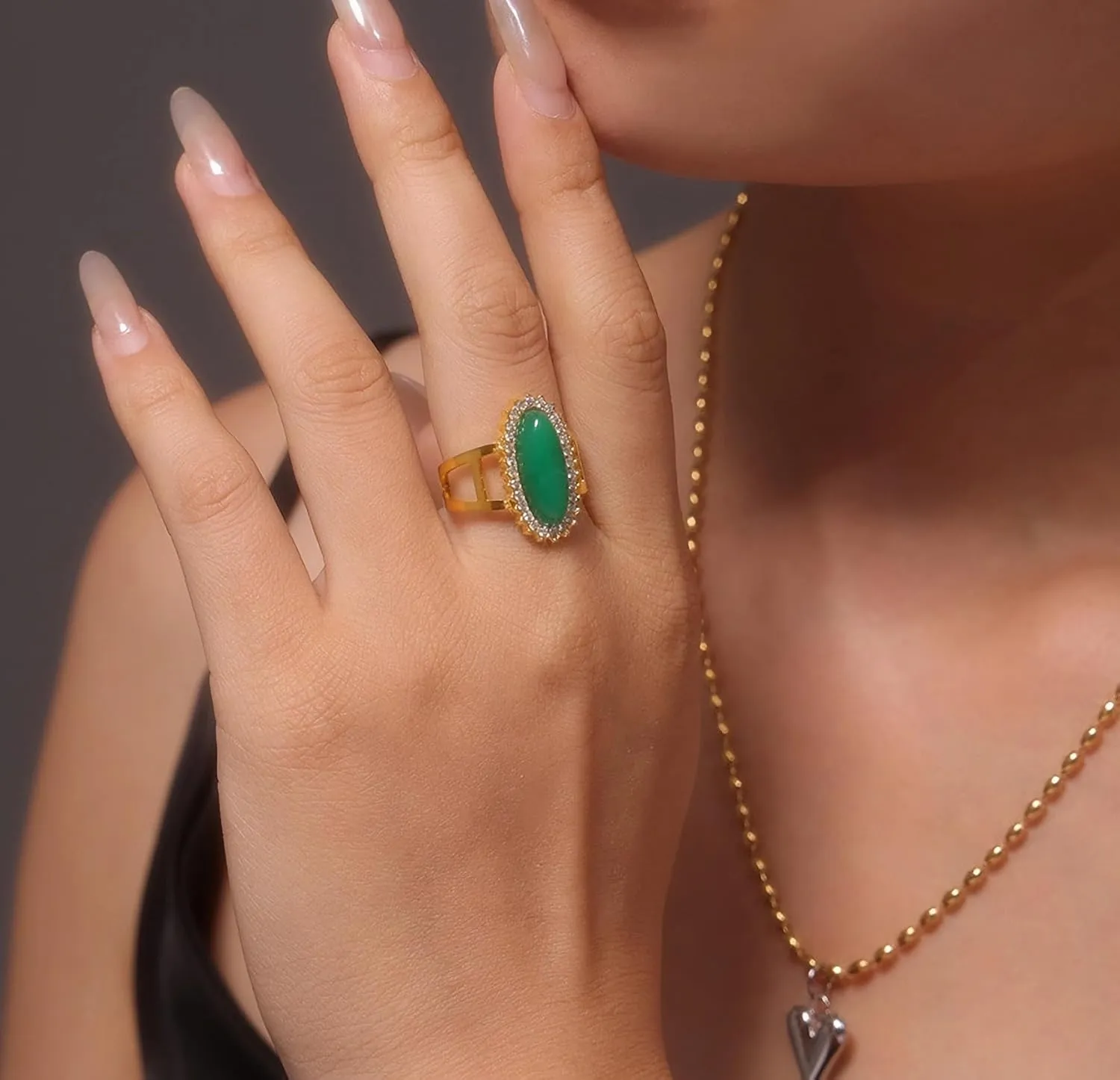 18K Gold Plated Pink Crystal 3A Zircon Statement Ring, Natural Gemstone Stainless Steel Adjustable Band Ring,Bold Vintage Style Cocktail Jewelry for Women