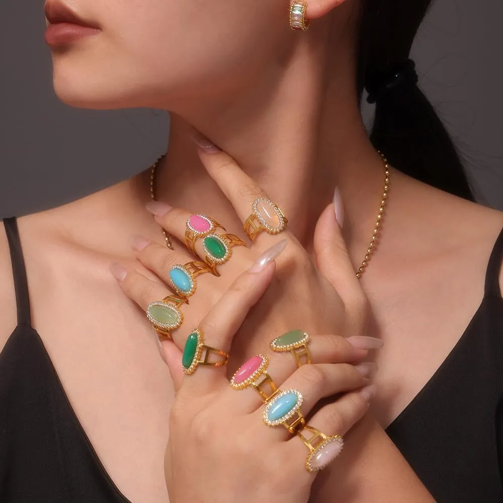 18K Gold Plated Pink Crystal 3A Zircon Statement Ring, Natural Gemstone Stainless Steel Adjustable Band Ring,Bold Vintage Style Cocktail Jewelry for Women
