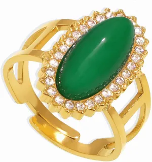 18K Gold Plated Pink Crystal 3A Zircon Statement Ring, Natural Gemstone Stainless Steel Adjustable Band Ring,Bold Vintage Style Cocktail Jewelry for Women