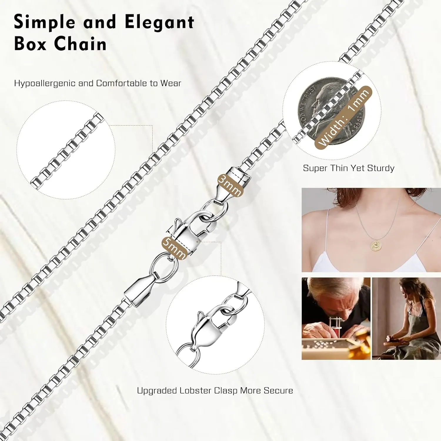 18K Gold Plated Silver Chain for Women 1MM Box Chain Necklace Super Shiny & Sturdy Women Thin Necklaces Chain with Upgraded Lobster Clasp 16/18/20/22/24 Inch