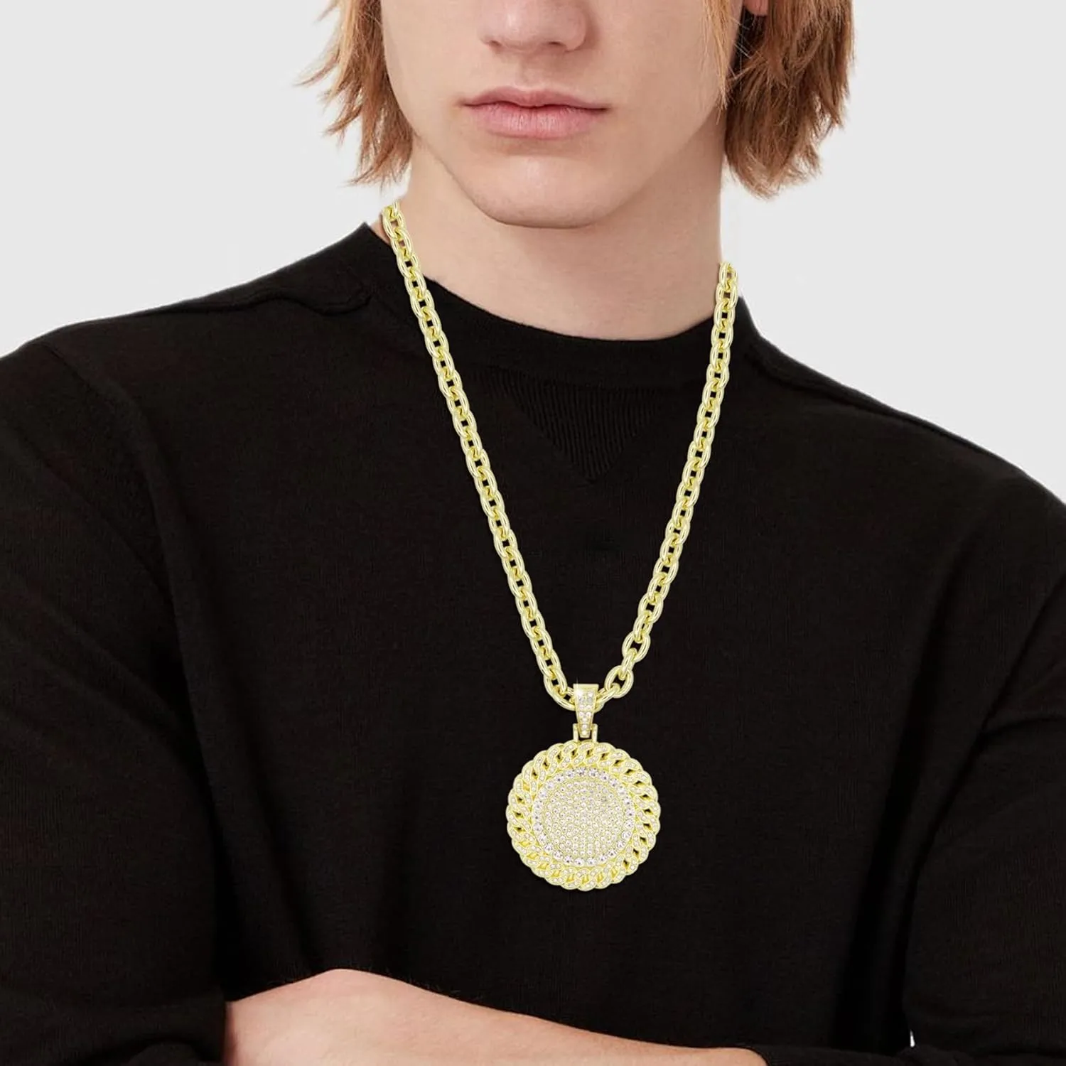 18K Gold Silver Geometry Rhinestone Pendant Necklace for Men Hip Hop Rock Punk Round Rectangle Triangle Eye Crystal Neckalces Cool Hippie Necklaces Jewelry for Men