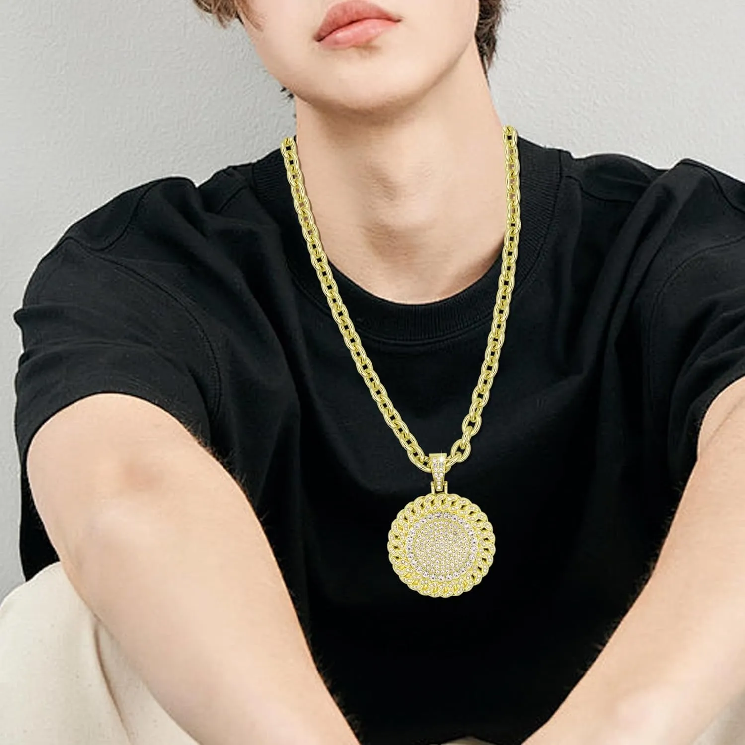 18K Gold Silver Geometry Rhinestone Pendant Necklace for Men Hip Hop Rock Punk Round Rectangle Triangle Eye Crystal Neckalces Cool Hippie Necklaces Jewelry for Men