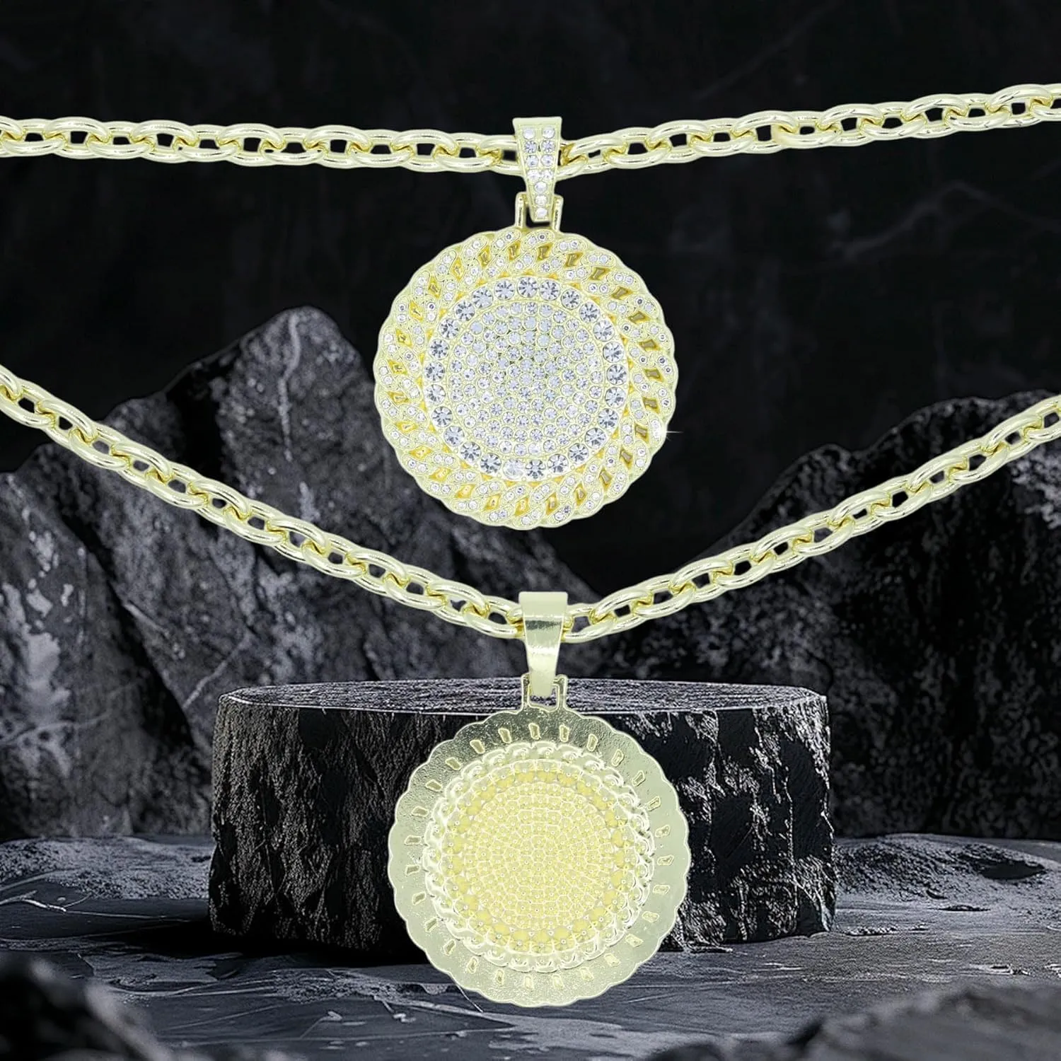 18K Gold Silver Geometry Rhinestone Pendant Necklace for Men Hip Hop Rock Punk Round Rectangle Triangle Eye Crystal Neckalces Cool Hippie Necklaces Jewelry for Men