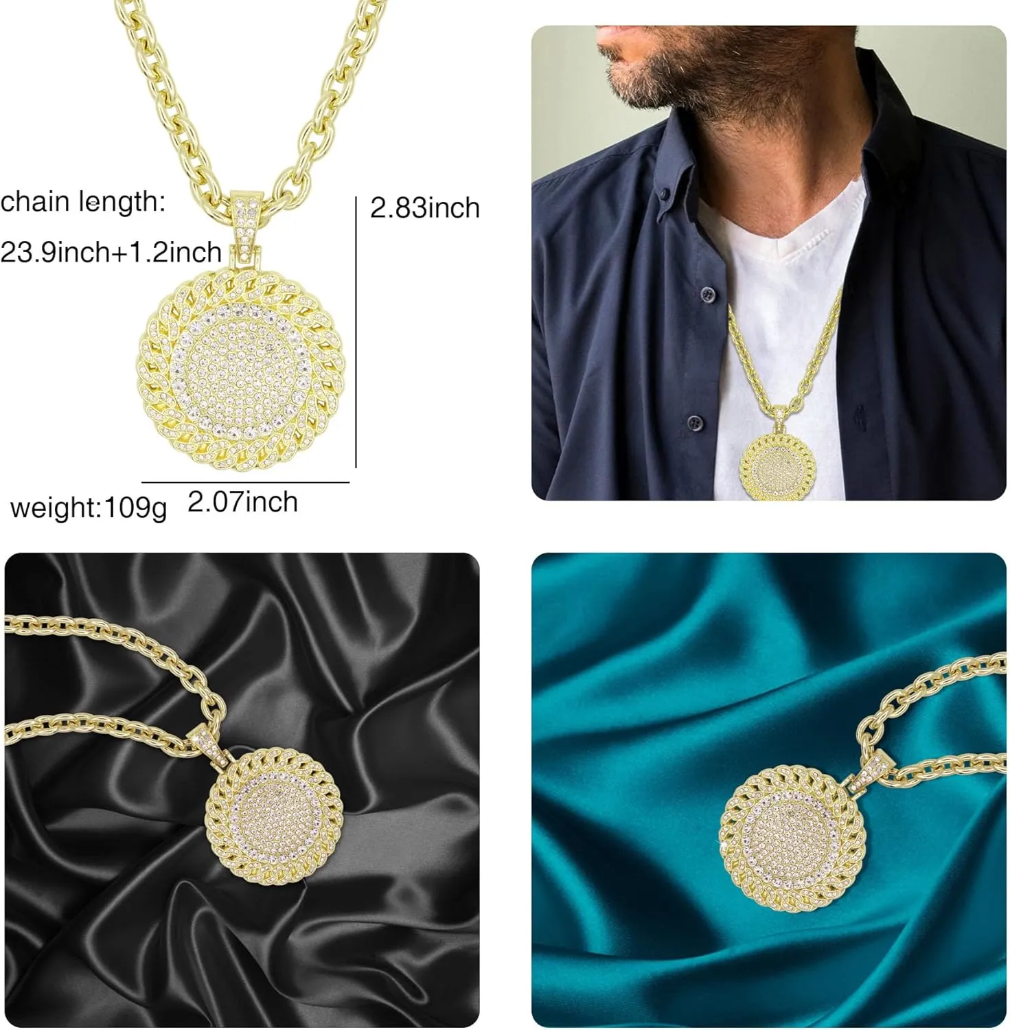 18K Gold Silver Geometry Rhinestone Pendant Necklace for Men Hip Hop Rock Punk Round Rectangle Triangle Eye Crystal Neckalces Cool Hippie Necklaces Jewelry for Men