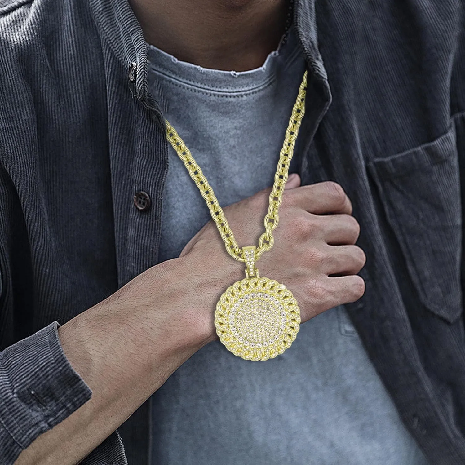 18K Gold Silver Geometry Rhinestone Pendant Necklace for Men Hip Hop Rock Punk Round Rectangle Triangle Eye Crystal Neckalces Cool Hippie Necklaces Jewelry for Men
