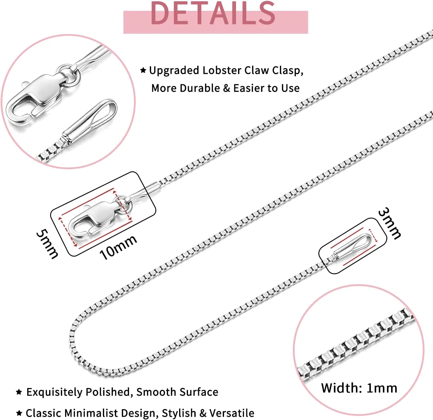 18K Plated Gold 925 Sterling Silver Box Chain for Women, 1MM Thin Chain Necklace for Women, Shiny & Minimalist Women's Chain Necklaces, 14/16/18/20/22/24/26 Inch