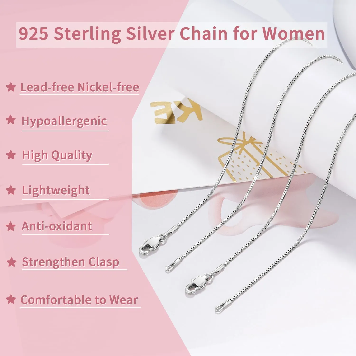 18K Plated Gold 925 Sterling Silver Box Chain for Women, 1MM Thin Chain Necklace for Women, Shiny & Minimalist Women's Chain Necklaces, 14/16/18/20/22/24/26 Inch