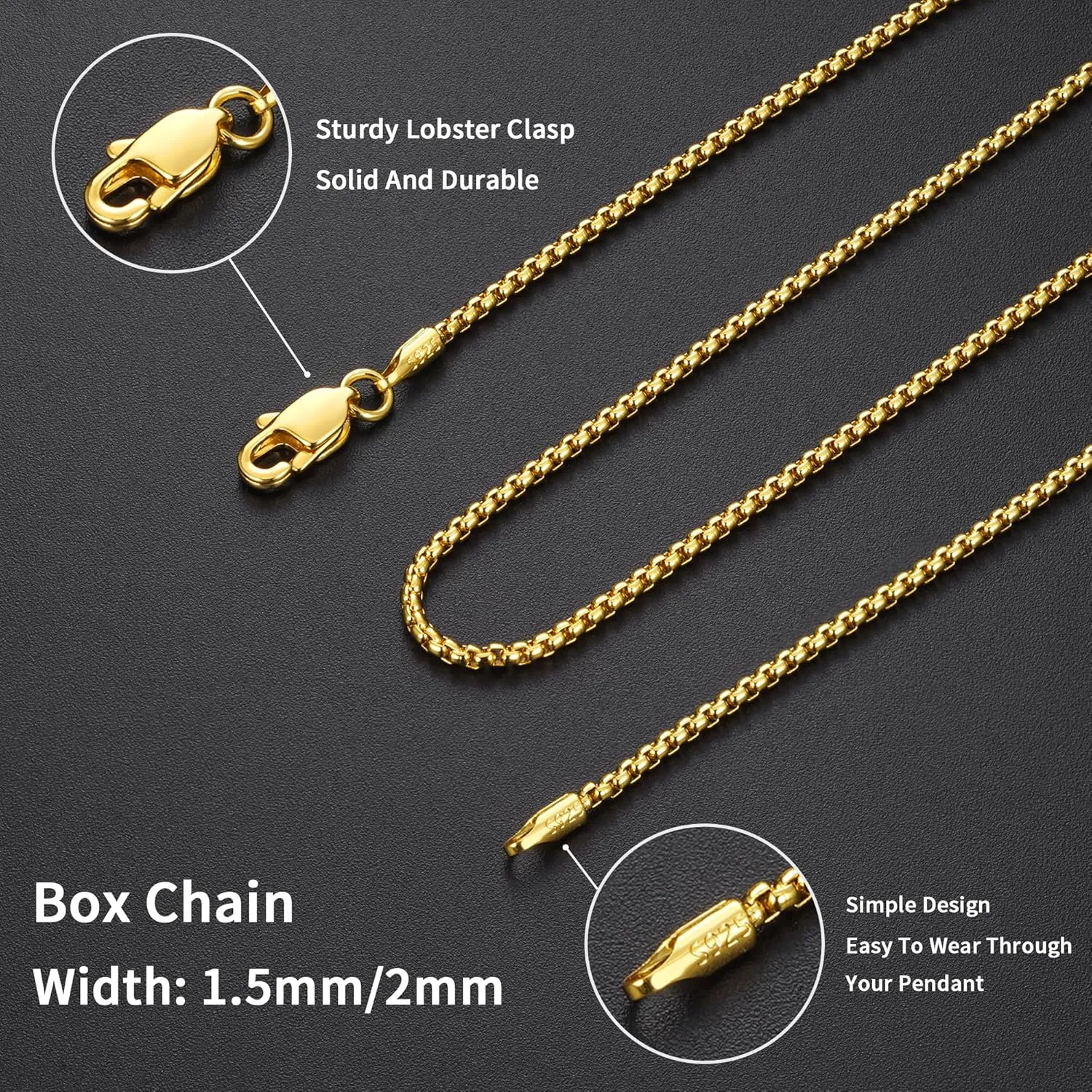 18K Real Gold Over 925 Sterling Silver Chain Necklace for Women, 1.5mm/2mm Silver/Gold Box Chain, Thin & Dainty & Shiny Women's Chain Necklace 16-26 Inch
