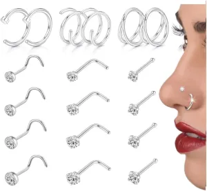 18Pcs Nose Rings Studs 316L Surgical Steel Nose Studs Double Hoop Nose Ring for Women Men, 18G Nose Rings Stud L Shape/Corkscrew/Straight Nose Studs Body Piercing Jewelry 1.5mm 2mm 2.5mm 3mm CZ