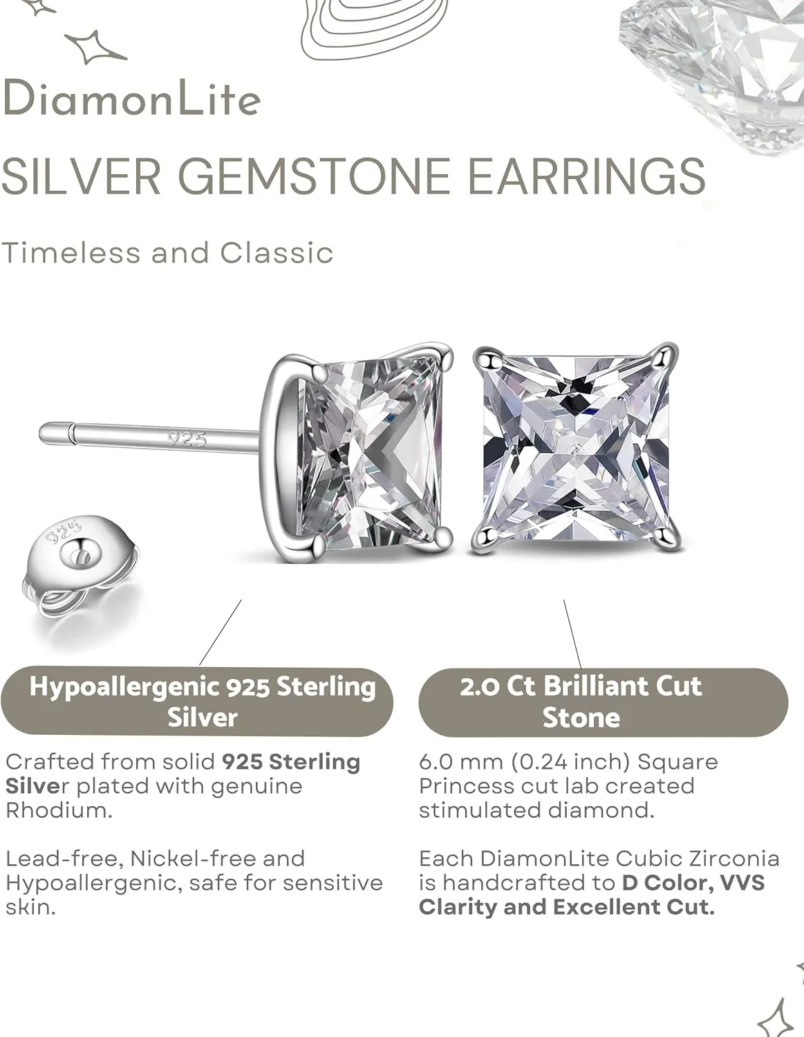 2 Ct CZ 925 Sterling Silver Studs Earrings for Women and Men - Cubic Zirconia Earrings Studs, 925 Silver Cubic Zirconia Earrings, Silver Studs Earrings for Women and Men
