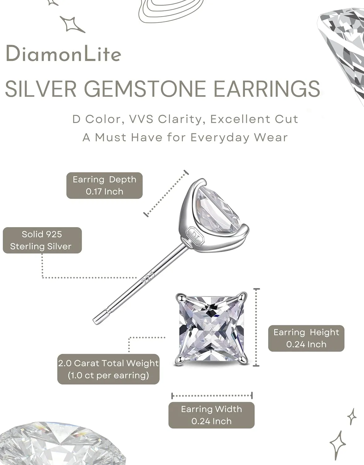 2 Ct CZ 925 Sterling Silver Studs Earrings for Women and Men - Cubic Zirconia Earrings Studs, 925 Silver Cubic Zirconia Earrings, Silver Studs Earrings for Women and Men