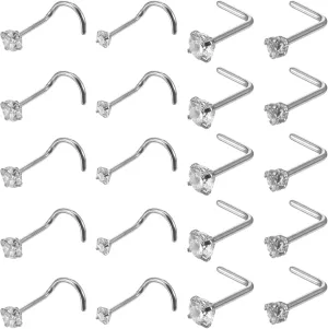20 Pcs Nose Rings Studs Corkscrew Nose Piercing Stud L-Shape Nostril Piercing Jewelry Zirconia End Nasal Labret Lip Stainless Steel Screw Studs Rings for Women Men