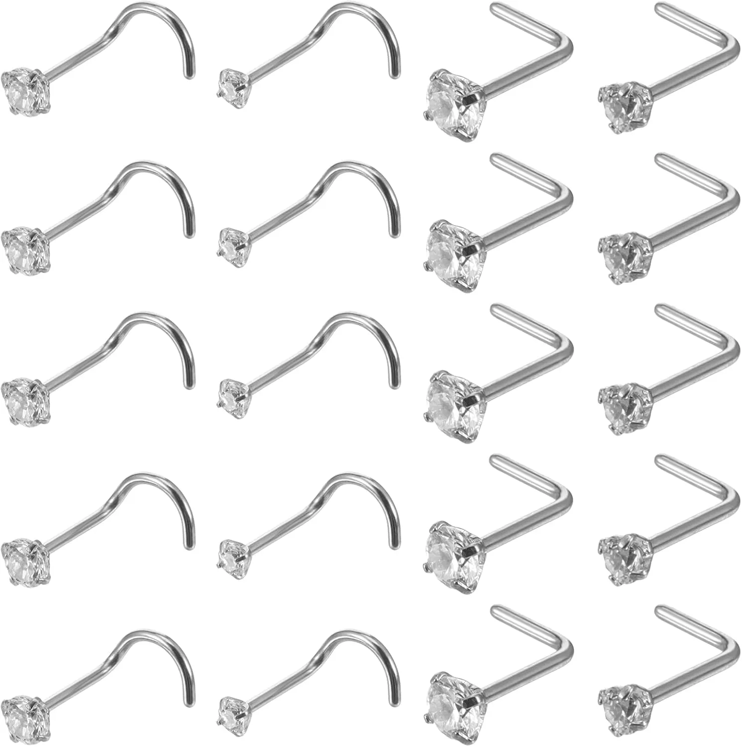20 Pcs Nose Rings Studs Corkscrew Nose Piercing Stud L-Shape Nostril Piercing Jewelry Zirconia End Nasal Labret Lip Stainless Steel Screw Studs Rings for Women Men