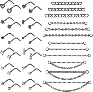 20G Stainlesss Steel Nose Rings Stud Nose Chain Piercing Across Double Nose Stud Womens Nostril Piercing Jewelry