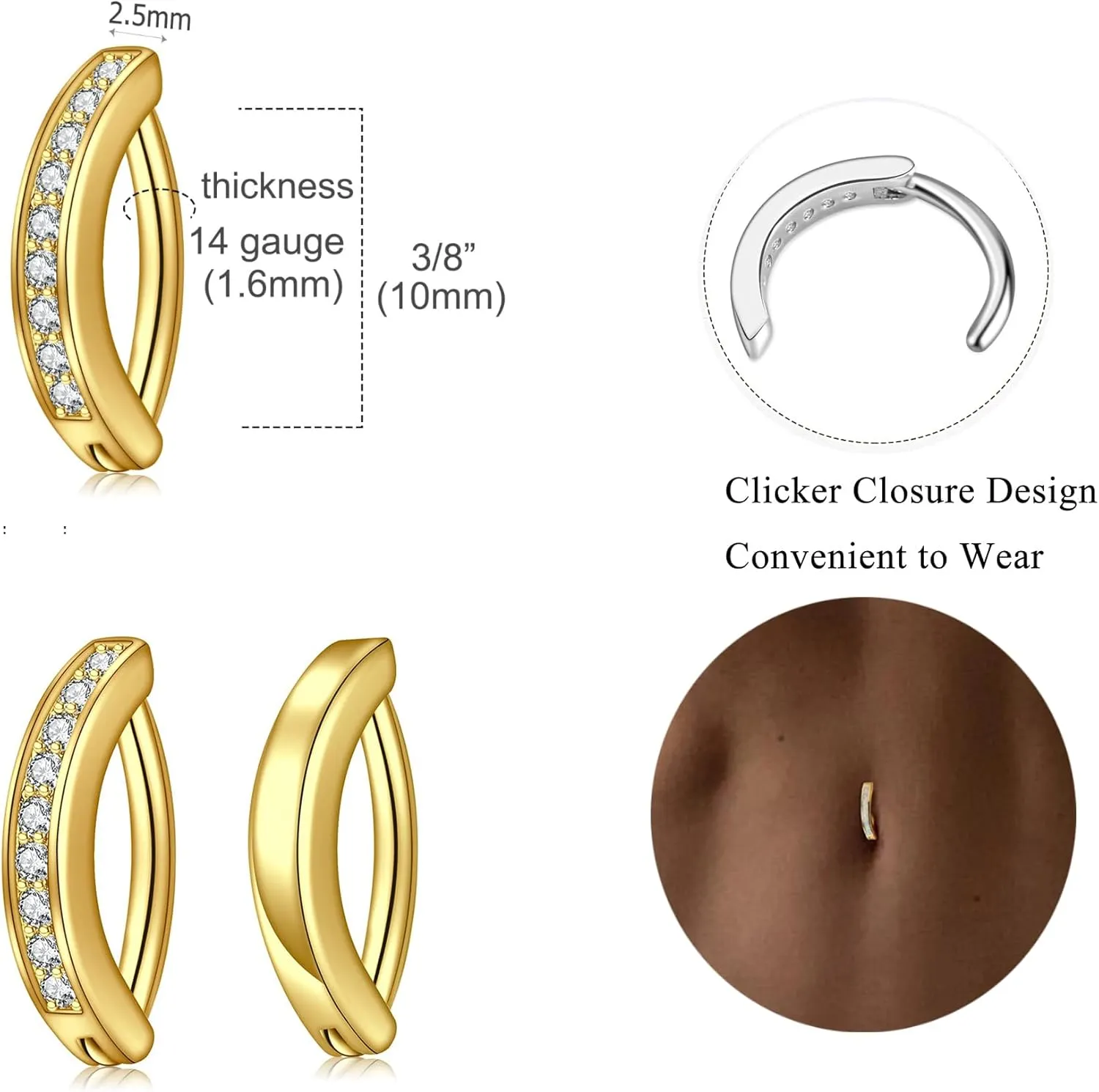 2pcs 14g Belly Button Ring Gold Dainty Body Piercing Small Jewelry For Women Cute Clicker Navel Ring Stainless Steel Hypoallergenic Simple Rings