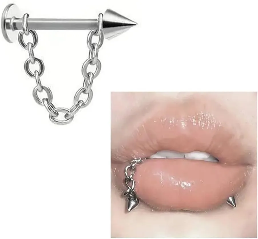 2Pcs 16G Chain Lip Rings Stainless Steel Snake Bite Jewelry Statement Chain Round Ball Spike Lip Studs Body Piercing Jewelry for Women