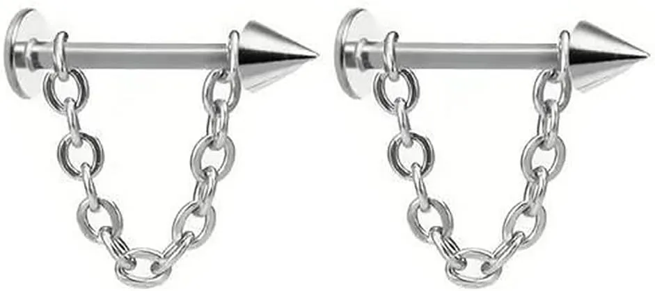 2Pcs 16G Chain Lip Rings Stainless Steel Snake Bite Jewelry Statement Chain Round Ball Spike Lip Studs Body Piercing Jewelry for Women