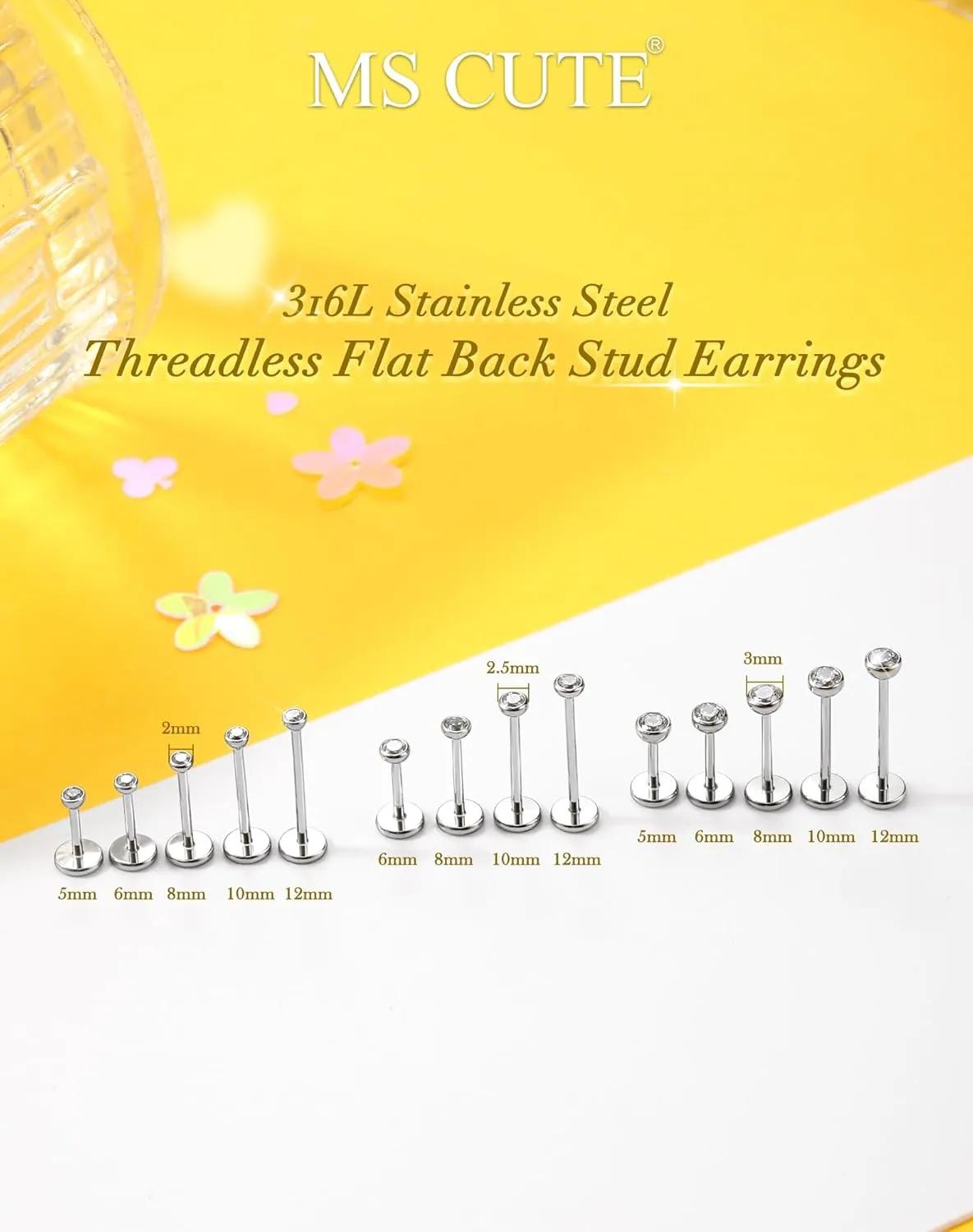 2Pcs 20G/18G/16G Threadless Nose Stud Flat Back Earrings 316L Surgical Steel CZ Daity Nose Helix Cartilage Tragus Conch Labret Medusa Monroe Piercing Jewelry for Women Men