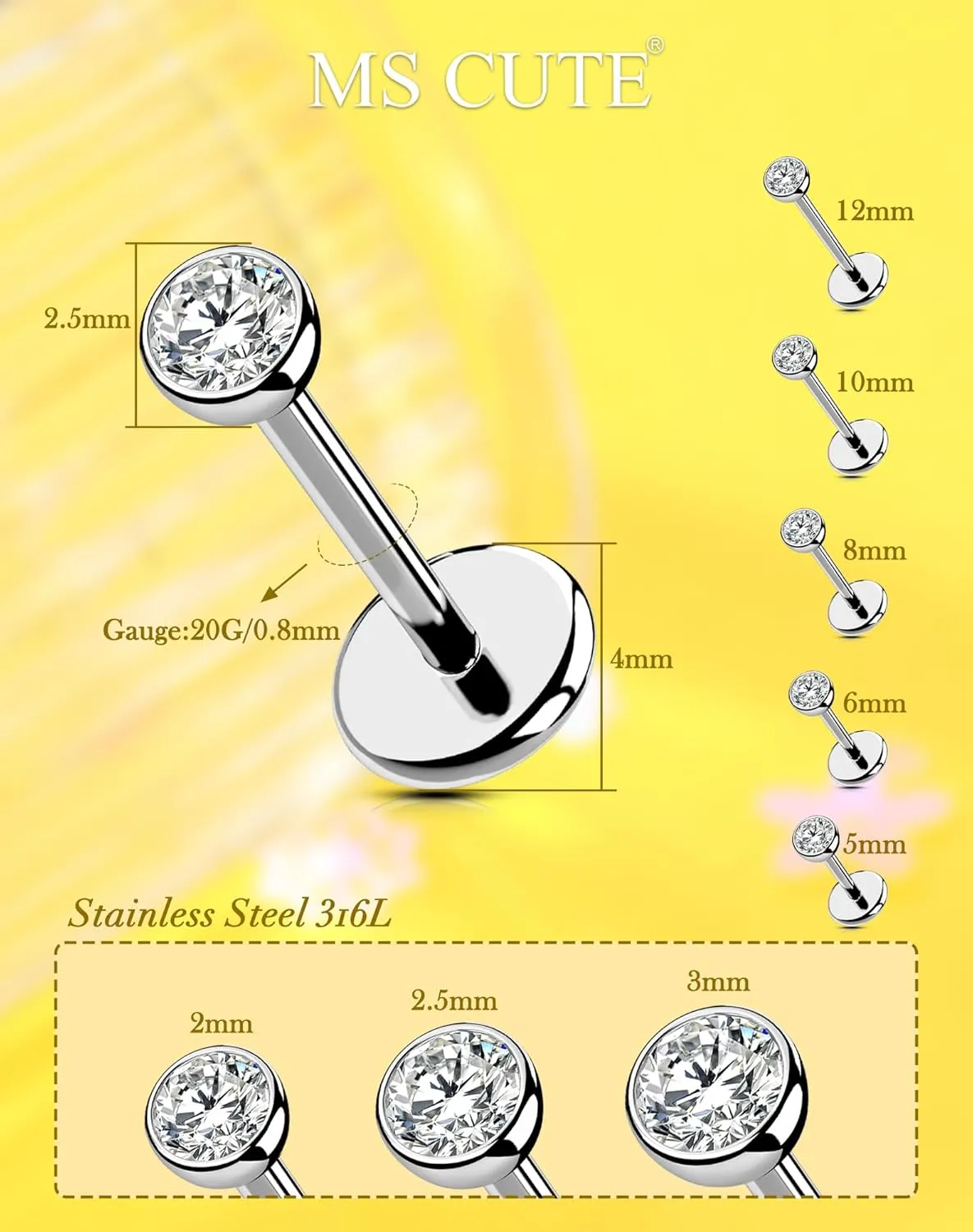 2Pcs 20G/18G/16G Threadless Nose Stud Flat Back Earrings 316L Surgical Steel CZ Daity Nose Helix Cartilage Tragus Conch Labret Medusa Monroe Piercing Jewelry for Women Men